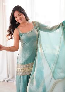 Designer Fancy Silk with Embroidery Cording-Real <b>Mirror</b> work Sleeveless Short-Suit-Flared Plazzo-Dupatta Wholesale Supply - Product Image 6
