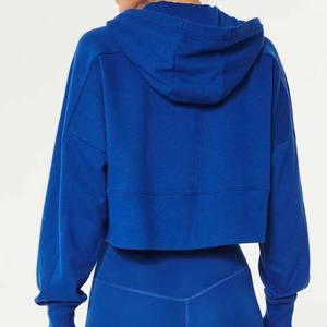 Unique Quality Women's Blue <b>Cropped</b> Hoodie <b>Zip</b>-<b>Up</b> Sweatshirt Full Sleeve Solid Color Knitted Breathable Autumn Fashion Hoodies - Product Image 3