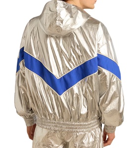 Metálico plata capucha Color dos piezas cortavientos traje cortavientos moda fiesta pantalón chaqueta Anorak traje - Product Image 4