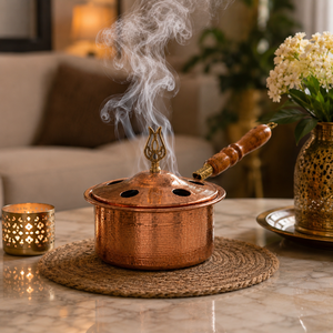 Brûleur d'encens artisanal en cuivre martelé avec poignée en bois, brûleur de Bakhoor, brûleur d'Oud, encensoir à charbon, aromathérapie, décoration d'intérieur, OEM - Product Image 4