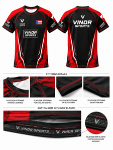 Camiseta Deportiva Vinor Negra y Roja de Manga Corta con Estampado de la Bandera de Puerto Rico por Sublimación, de Secado Rápido, Unisex para Adultos - Product Image 4
