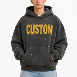 Sweat-shirt à capuche vintage délavé pour homme, noir, avec imprimé lettres sur le devant et poche kangourou, étiquettes et emballage personnalisés - Product Image 1