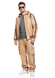 Custom Men's Beige Genuine Leather Tracksuit Set with Brown Contrast Stripe Details – Luxury Hooded Bomber <b>Jacket</b> and Cargo Pock - Product Image 2
