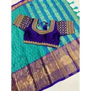 ATRACTIVO TRABAJO TEJIDO JACQUARD ALGODÓN SAREE CON BLUSA READY MADE SKY - Product Image 1