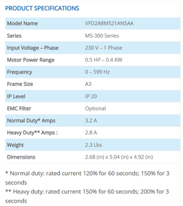 อินเวอร์เตอร์ Delta MS300 VFD2A8MS21ANSAA แบบเฟสเดียว 230V 0.4KW ขนาดกะทัดรัด - Product Image 2