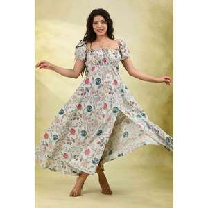 เดรสยาวพิมพ์ลายแขนพองทรงปล่อยชายกระโปรงยาวถึงพื้น ผ้าฝ้าย 100% เป็นมิตรต่อสิ่งแวดล้อม ซักได้ น้ำหนักเบา เหมาะสำหรับฤดูร้อน เอวทรงธรรมชาติ สำหรับผู้หญิง - Product Image 6