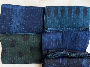 Couvre-lits en coton bleu indigo Kantha, cousus à la main, style bohème, taille double 60x90 pouces, fabriqués en Inde - Product Image 5