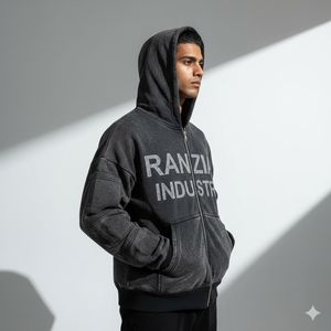 Ranzia Industry Manufacturer Supply Men Zip Hoodie Distressed Embroidery Wholesale Bulk Men Zip Hoodie Distressed Embroidery - Product Image 5