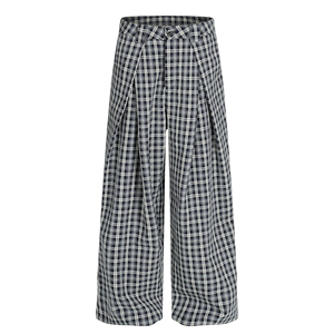 Custom Plaid Wide Leg Trousers Men High Waist Front Pleated Loose Fit Casual Bottoms Straight Cut Apparel - Product Image 2