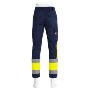 Pantalon de travail unisexe bleu marine haute visibilité respirant et réfléchissant, bandes jaunes, plusieurs poches, coupe classique, résistant à l'eau - Product Image 3