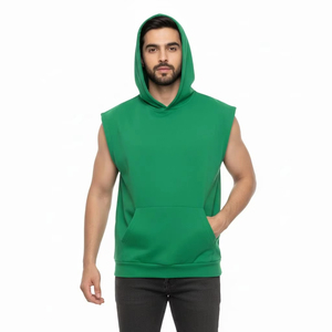 <b>Men</b> Hooded Sleeveless Tank Top Solid <b>Green</b> French Terry Casual Workout Shirt Regular Fit Pocket Design Autumn Wear - Product Image 2