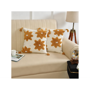 หมอนอิงผ้าคอตตอนปักลายดอกไม้สีเบจหรูหรามีระดับมาทันสมัยขนาด16x16นิ้วเหมาะสำหรับการดรอปชิป - Product Image 2