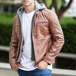 Nouveautés : Veste en cuir marron à capuche avec logo personnalisé pour hommes, vestes vintage pour hommes, veste streetwear, vestes d'hiver de haute qualité - Product Image 2