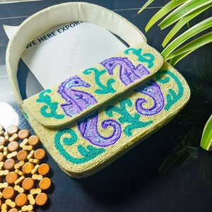 Bolsas Organizadoras de Ropa Hechas a Mano con Cuentas Moradas, Bordado de Tortuga Marina, Ecológicas, Duraderas, 100% Algodón, para Joyería Individual - Product Image 1