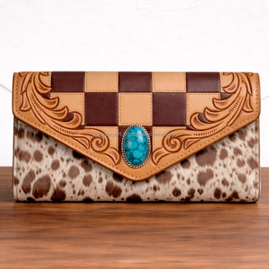 Trending Checkered Design Clutch with Detachable <b>Wristlet</b> Hair On Genuine Leather Wallet Handcrafted Embossed Leather Purse - Product Image 4