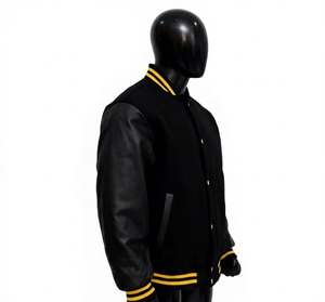 Chaqueta Varsity Negra y Amarilla, Cuerpo de Lana, Mangas de Cuero PU, Ribete a Rayas, Botones a Presión, Prenda Exterior Estilo Letterman, Fabricante Personalizado - Product Image 3