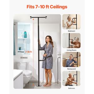 Barre d'appui de sécurité pour salle de bain, capacité 300 lb, poignée courbe antidérapante, fixation par tension, pour transfert du sol au plafond - Product Image 1