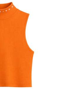 Débardeur côtelé orange personnalisé pour femme, col montant, sans manches, décontracté, mode estivale, doux et extensible, fabrication sur mesure - Product Image 4