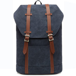 Classic Canvas <b>Backpack</b> <b>Navy</b> <b>Blue</b> Brown Leather Straps Hasps Closure Unisex Softback Daily Use 20-37L - Product Image 1
