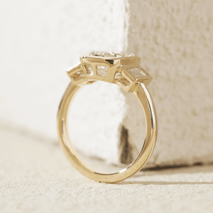 3ct Emerald Cut Lab Grown Diamond Three <b>Stone</b> Ring 14K Yellow Gold IGI Certified Bezel Set Engagement Ring with Baguette diamond - Product Image 6