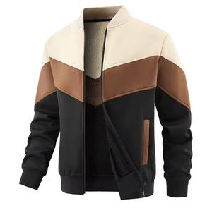 Blouson Bomber Homme Slim en Jean PU à Capuche, Col Montant, Blocs de Couleurs, Fermeture Éclair, Tissu Respirant, Décoration Effilochée - Décontracté - Product Image 1