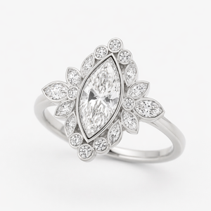 Bague de fiançailles vintage en or massif 14 carats avec diamant de laboratoire taille marquise, halo floral et grappe, bijou de mariée unique en forme de feuille, cadeau - Product Image 6