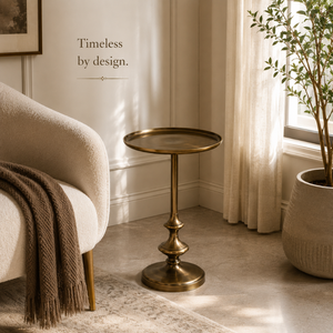 Modern <b>Round</b> Pedestal <b>Side</b> <b>Table</b> with Raised Tray Top and Antique Brass Finish | Elegant Accent End <b>Table</b> with Decorative Base - Product Image 5