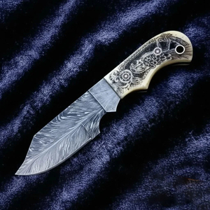 Handmade Damascus Steel Feather Pattern Hunting Skinning <b>Knife</b> with Engraved <b>Bone</b> <b>Handle</b> and Leather Sheath - Product Image 3