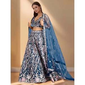 Vestido de Novia Impresionante Lehenga Choli con Lentejuelas Azules y Dupatta - Product Image 6