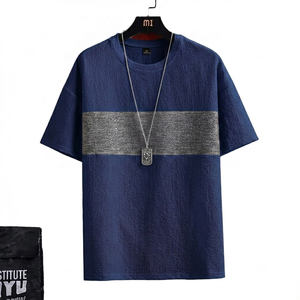 T-shirt homme bleu marine en tissu gris à rayures sur la poitrine, manches courtes, décontracté, streetwear, coupe ample, mode, vêtement d'été, col rond - Product Image 1