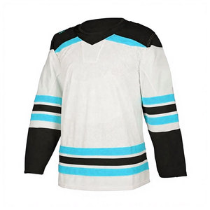 Jersey de Hockey sobre Hielo Unisex Blanco con Cuello en V, Manga Larga, Rayas y Detalles en Negro y Cian - Product Image 1