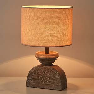 Lámpara de Mesa de Madera Contemporánea Hecha a Mano con Base Tallada y Pantalla de Lino, Iluminación Ecológica para Diwali, Decoración para Dormitorio y Sala de Estar - Product Image 6