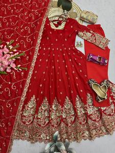 Red Silk Anarkali <b>Suit</b> With Embroidered Dupatta Traditional Indian <b>Wedding</b> <b>Dress</b> <b>Women</b> Floor-Length Loose Fit - Product Image 6