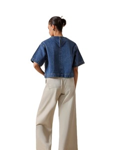 Top Corto de Mezclilla para Mujer, Cuello Redondo, Manga Corta, Corte Holgado, Color Sólido, Casual, Primavera Verano, 100% Algodón Tejido - Product Image 2