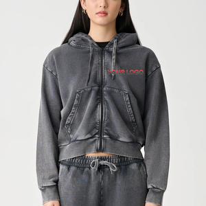Sudadera con capucha gris para mujer, estilo urbano, con cremallera frontal, color liso, informal, de punto, manga larga, transpirable, tela lavada - Product Image 5