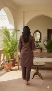 ชุดสูทกูร์ตะแบบ 3 ชิ้น สีน้ำตาลล้วน สำหรับผู้หญิง สไตล์อินเดีย-ปากีสถาน เหมาะสำหรับงานเทศกาล  ผ้าเรียบย้อมสี - Product Image 3