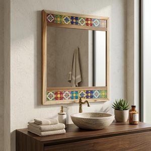 Handcrafted Wooden <b>Wall</b> <b>Mirror</b> with Colorful Ceramic Tile Border Decorative Rustic Accent <b>Mirror</b> - Product Image 1