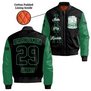 Blouson Bomber Personnalisé pour Femme Iota Phi Lambda, Mélange Noir et Vert Émeraude, avec Écusson à Lettres Grecques au Dos et Fermeture Éclair - Product Image 4