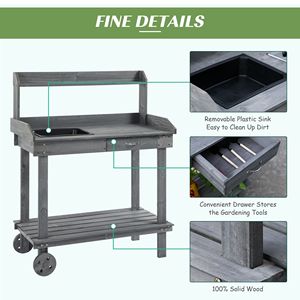 Banco da Giardinaggio in Legno Grigio con Ruote, Lavello Esterno, Cassetto e Spazi di Stoccaggio - Product Image 5