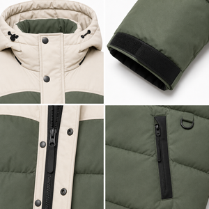 Veste d'hiver matelassée de haute qualité, design streetwear bicolore, rembourrage en polyester chaud, logo brodé, sangles à boucles et crochets sur les poignets, OEM - Product Image 4