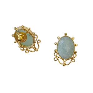 Boucles d'oreilles clous vintage plaquées or avec jade, serties d'ovales en alliage, bijoux fantaisie pour femme en amazonite - Product Image 4