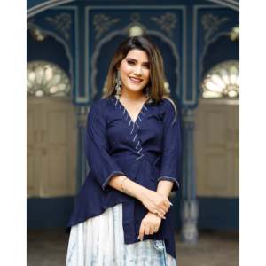 Magnifique ensemble jupe et haut pour femme en coton/fibre de bambou respirant bleu marine, avec haut à manches trois-quarts, taille XS - Product Image 2