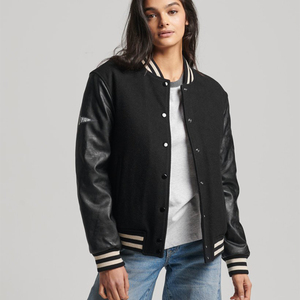 แจ็คเก็ตหนังเบสบอลแบบ Letterman สีดำสั่งทำพิเศษสำหรับผู้หญิง ขายดีที่สุด - Product Image 1