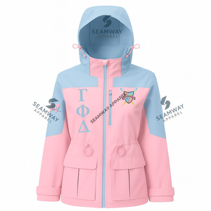 Veste de pluie à capuche Gamma Phi Delta Sorority, veste universitaire en softshell en gros, veste de pluie imperméable de haute qualité pour femmes - Product Image 2