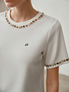 Trendy Round Neck Embellished Short Sleeve <b>Top</b> Women's Shirts Custom Logo <b>Beaded</b> Trim Elegant Luxury Summer Clothing Fashion <b>Top</b> - Product Image 3