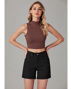 Shorts Bermuda noirs taille haute avec poches, coupe classique, en coton, décontractés pour femmes, shorts en jean décontractés avec étiquette personnalisée - Product Image 3