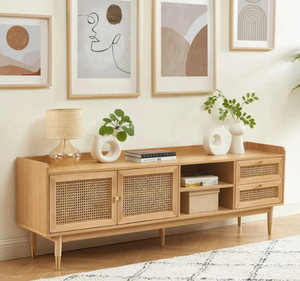 Buffet moderne en teck massif avec porte en rotin, style scandinave, armoire de rangement en bois - Product Image 1