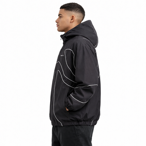 Custom Logo <b>Men</b> Hooded Windbreaker <b>Jacket</b> Black <b>Reflective</b> Piping Lightweight Streetwear Outerwear OEM Supplier <b>men's</b> <b>jackets</b> - Product Image 4