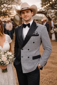 Costume de smoking croisé noir et blanc à motif pied-de-poule pour homme – Blazer de créateur pour mariage, marié ou bal de promo avec nœud papillon - Product Image 2