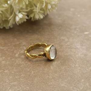 Vintage Oval Rainbow Moonstone Unisex Ring 14K Gold Plated Scalloped Infinity Band Daily Wear Boho Statement Jewelry - Product Image 2